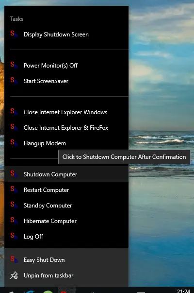 Easy ShutDown JumpList on Windows 10 Screenshot of Easy ShutDown's JumpList on Windows 10
